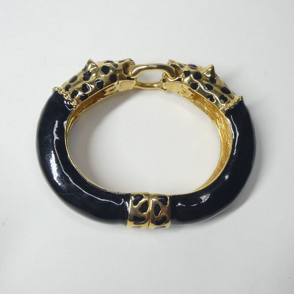 Double Leopard Head Bracelet KJL Kenneth Lane Black Gold Rhinestone Bangle Vtg - Picture 5 of 8